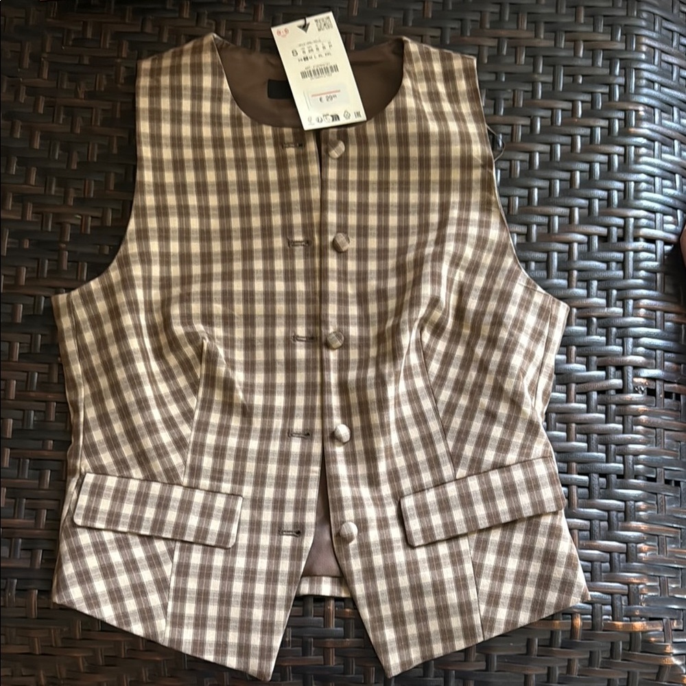 Zara Checkered Vest in Brown and Cream